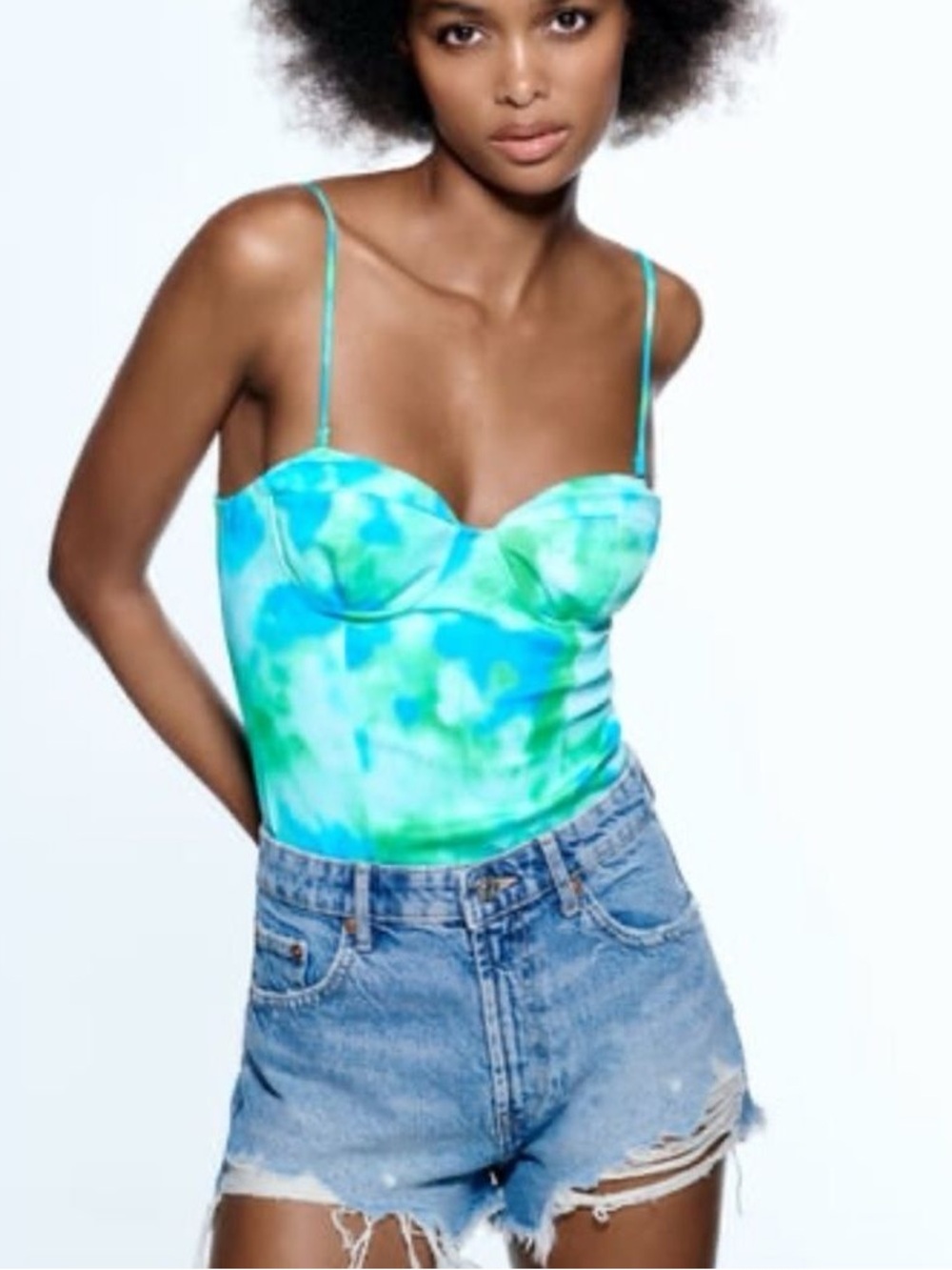 NWT Zara Blue & Green Tie-Dye Bustier Bodysuit SMALL